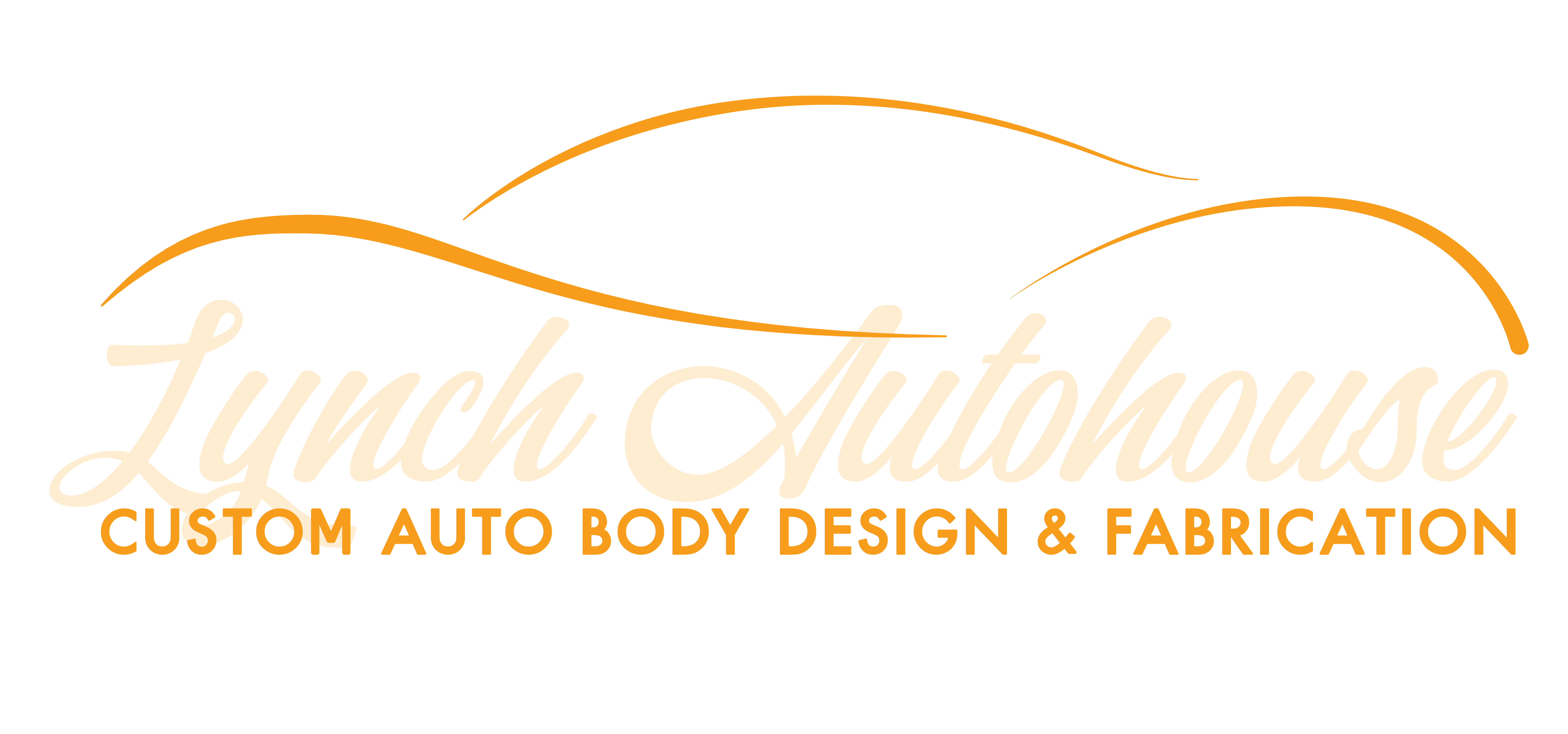 Lunch Autohous. custom auto body design & fabrication Logo with orange silhouette of a car
